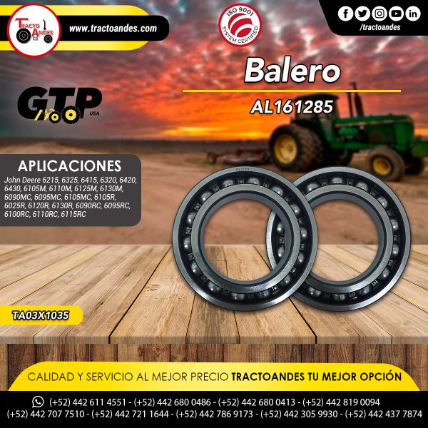 Balero - AL161285, Refacciones Agrícolas, Refacciones para John Deere