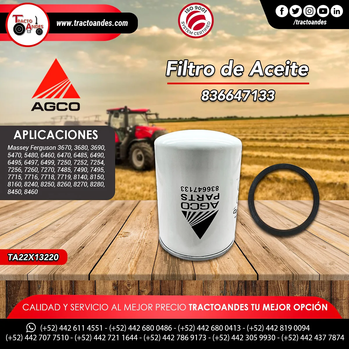 Filtros de Aceite para Massey Ferguson, Refacciones Agrícolas