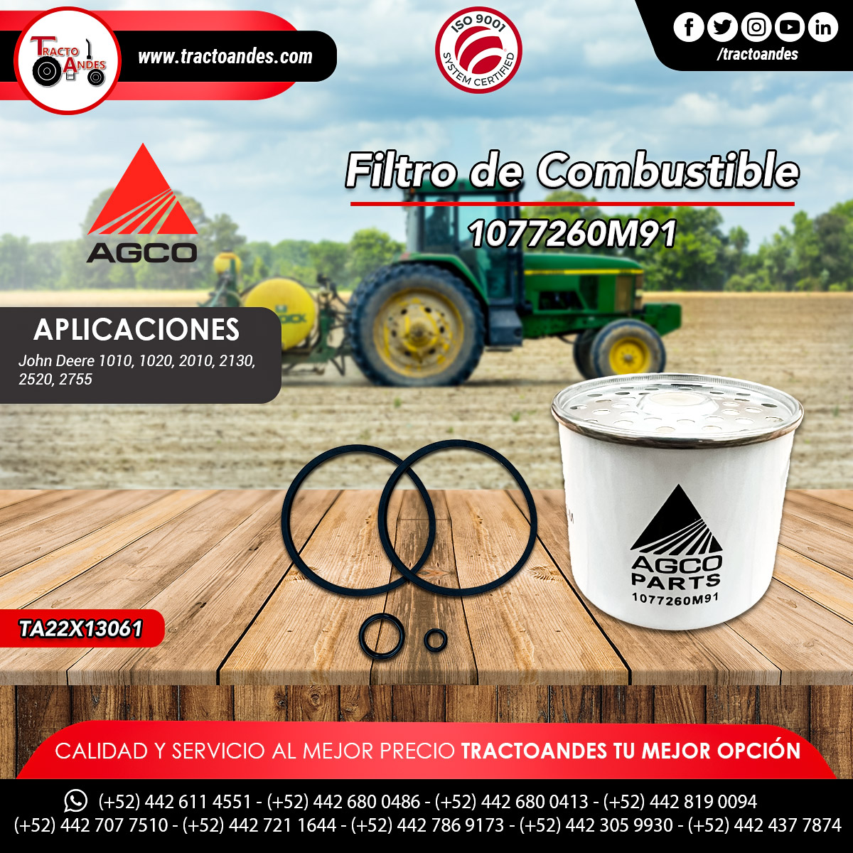 Filtro de combustible para John Deere, Refacciones Agrícolas - 1077260M91