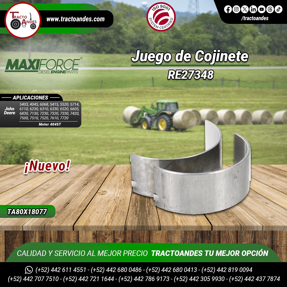 Juego-de-Cojinete-RE27348-TRE27348-Maxiforce-para-Motor-4045T-para-John-Deere-Refacciones-agrícolas-TractoAndes